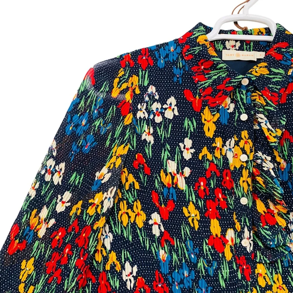 Tory Burch Navy Blue Floral Pleated Ruffle Button Front Shift Mini‎ Dress 6
